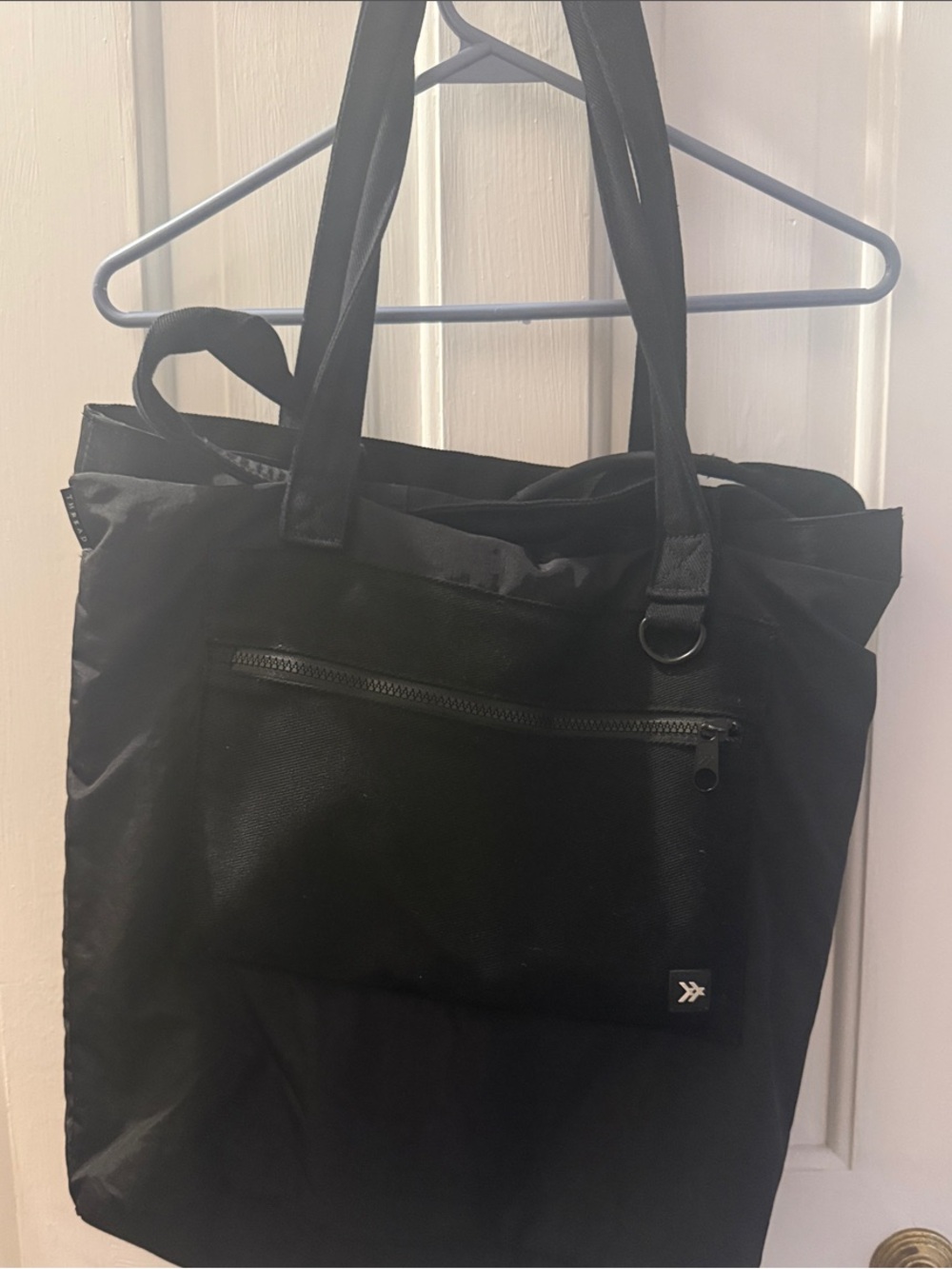 Black Women's Nylon Tote Bag with Front Zip Pocket